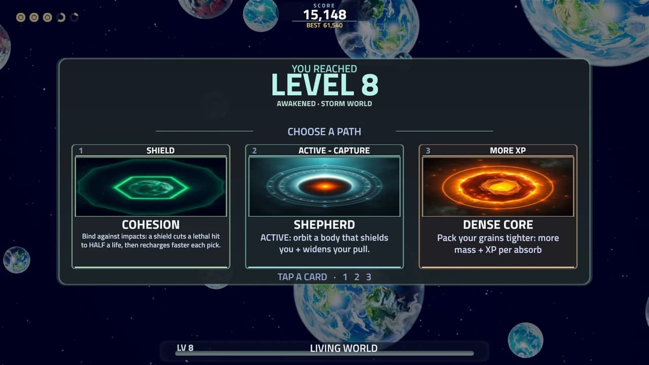 The LEVEL 8 card: Awakened, Storm World, with three Path cards to pick from.