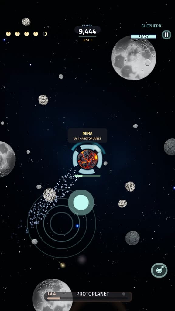 Accretion touch controls on a phone: a thumb pad under the player's finger, a capture button in the lower right, and pause in the top right.