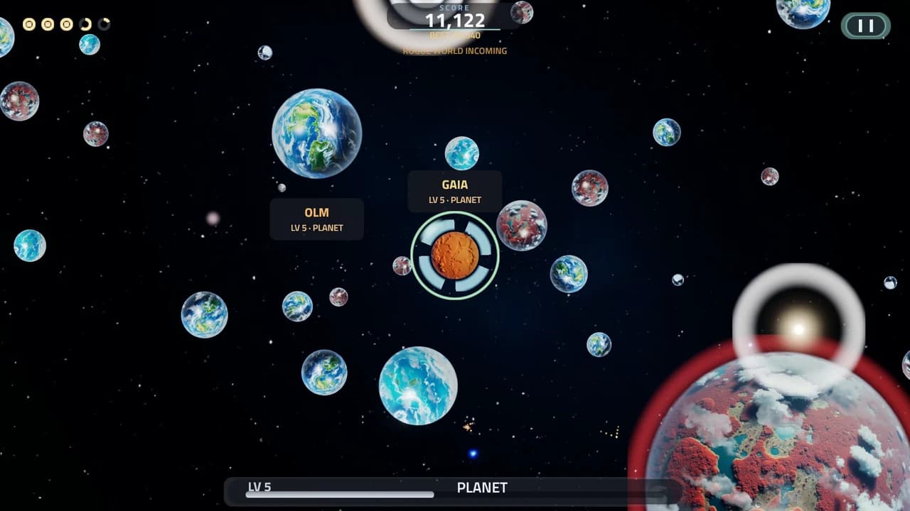 A Rogue World crossing the field with a red rim, its warning under the score.