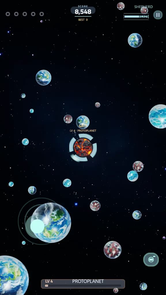 Touch controls: a steering pad in the lower left, a capture button in the lower right, and pause in the top right.