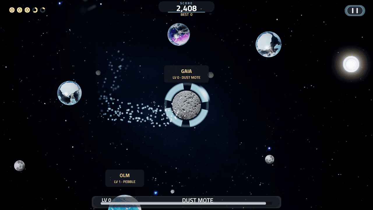 A dust mote at LV 0, its shell ring around it and a trail of absorbed dust behind.