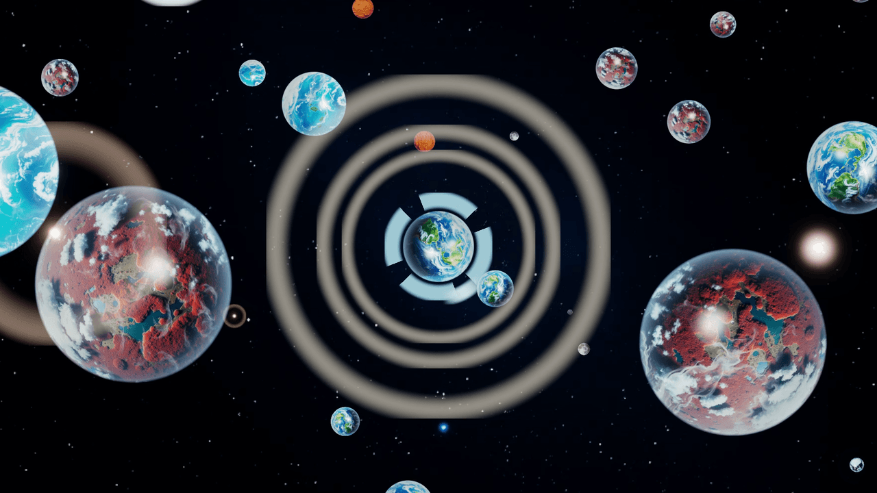 A Living World late in a run, three moon lanes around it and bigger worlds crowding the field.