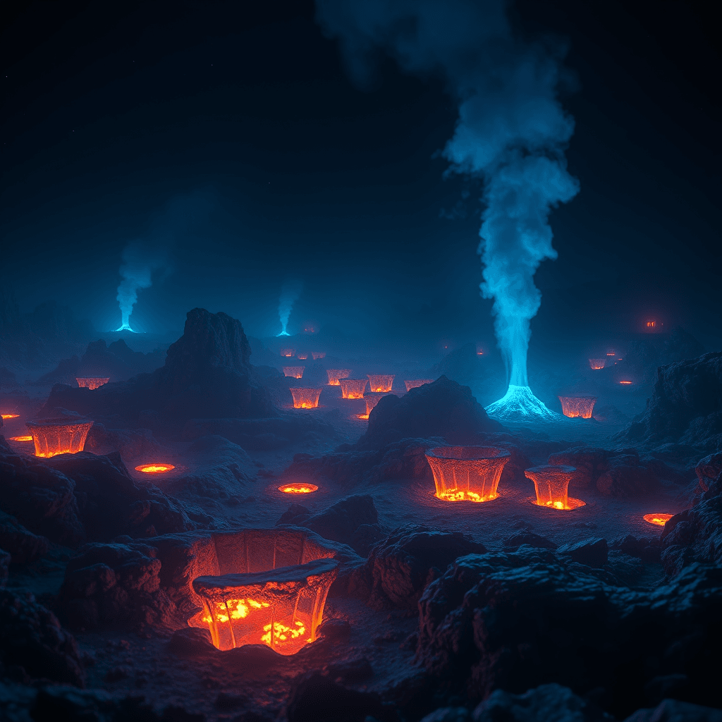 Hydrothermal vents on an early ocean floor where life may begin.