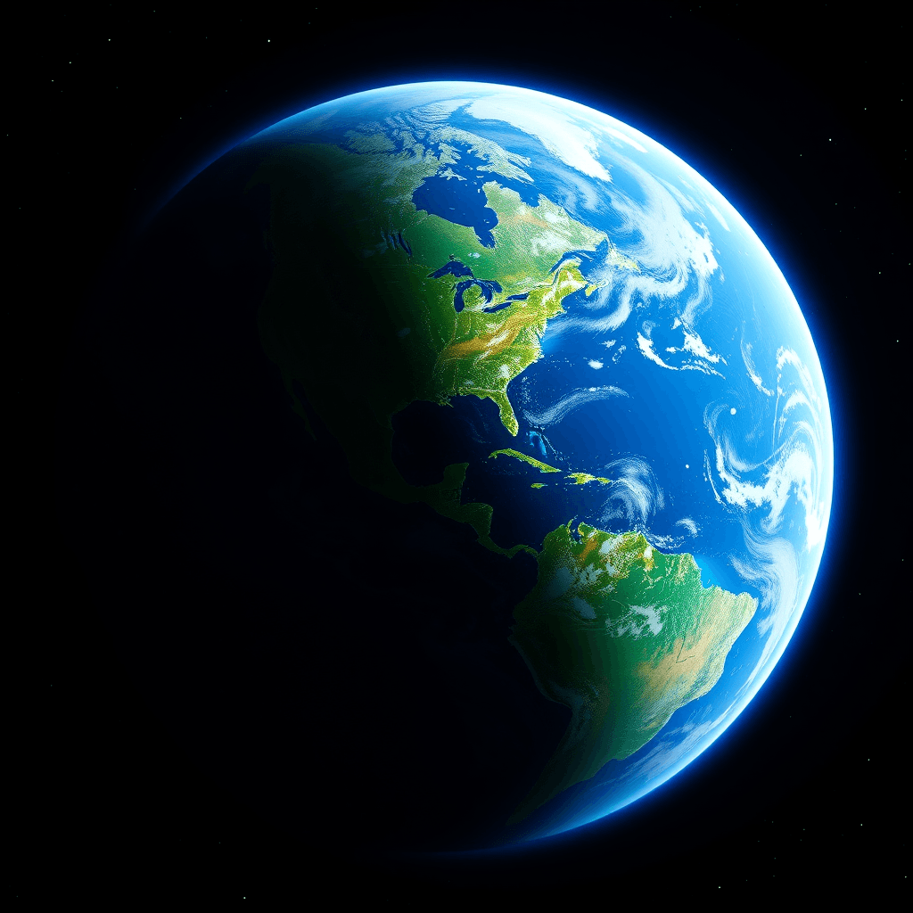 A living planet with blue oceans, green continents, and white clouds.