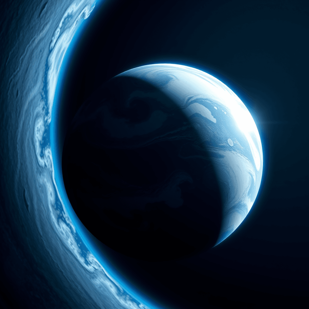 A blue ocean-covered planet with swirling white clouds.