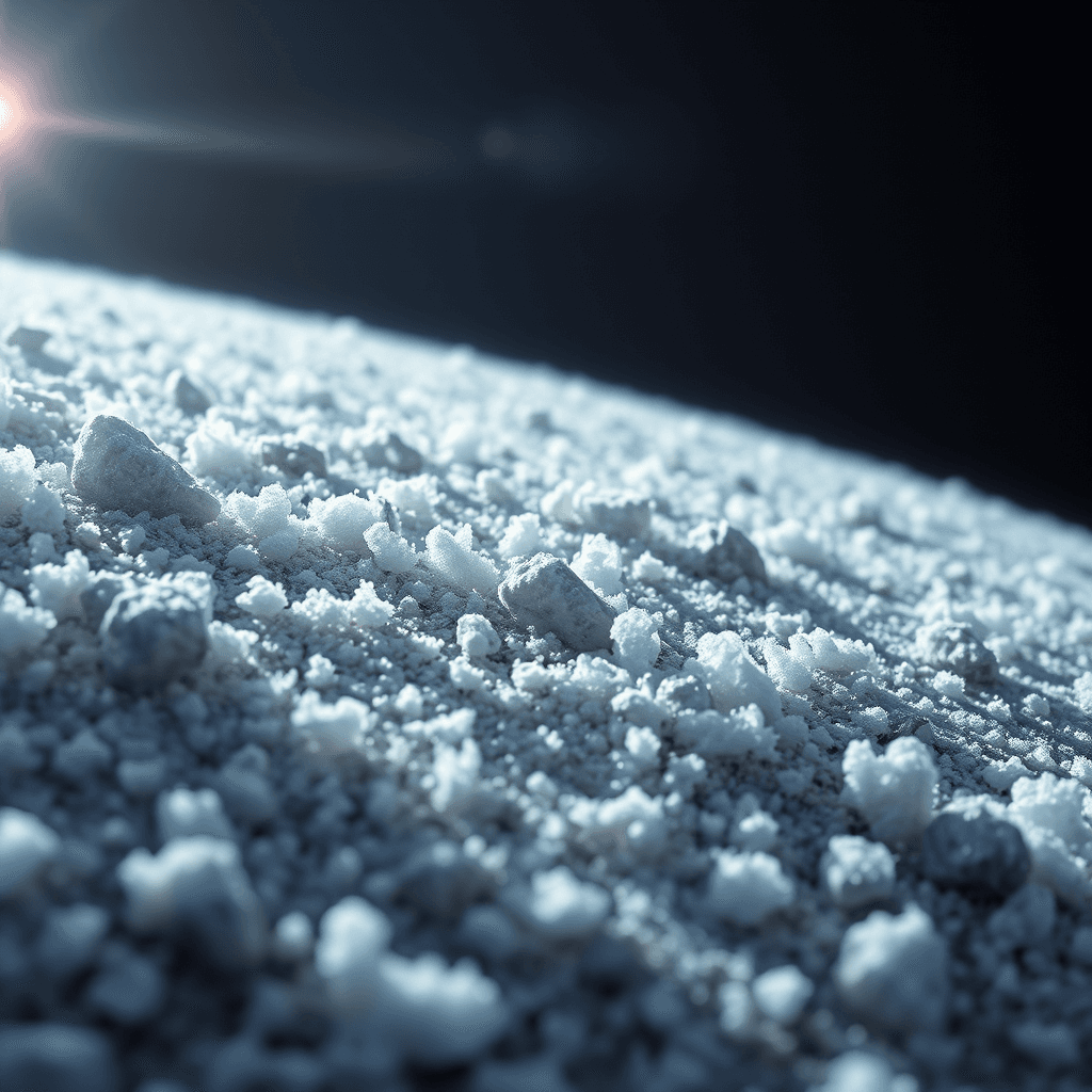 Frost-coated dust grains beyond the frost line of a protoplanetary disk.