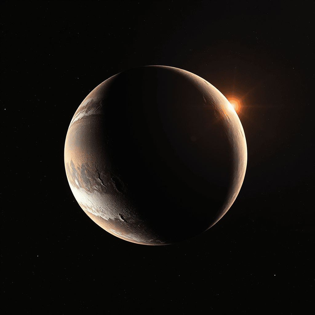 A fully formed rocky planet, round and dominant in its orbit.