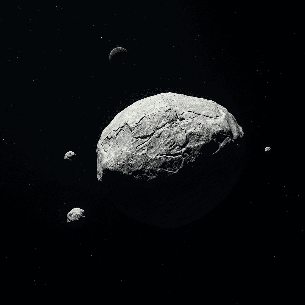A kilometer-scale planetesimal bending the paths of nearby rocks with gravity.