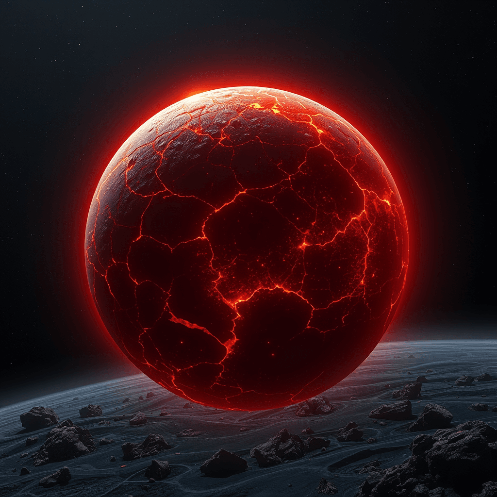A glowing partly molten protoplanet struck by infalling debris.
