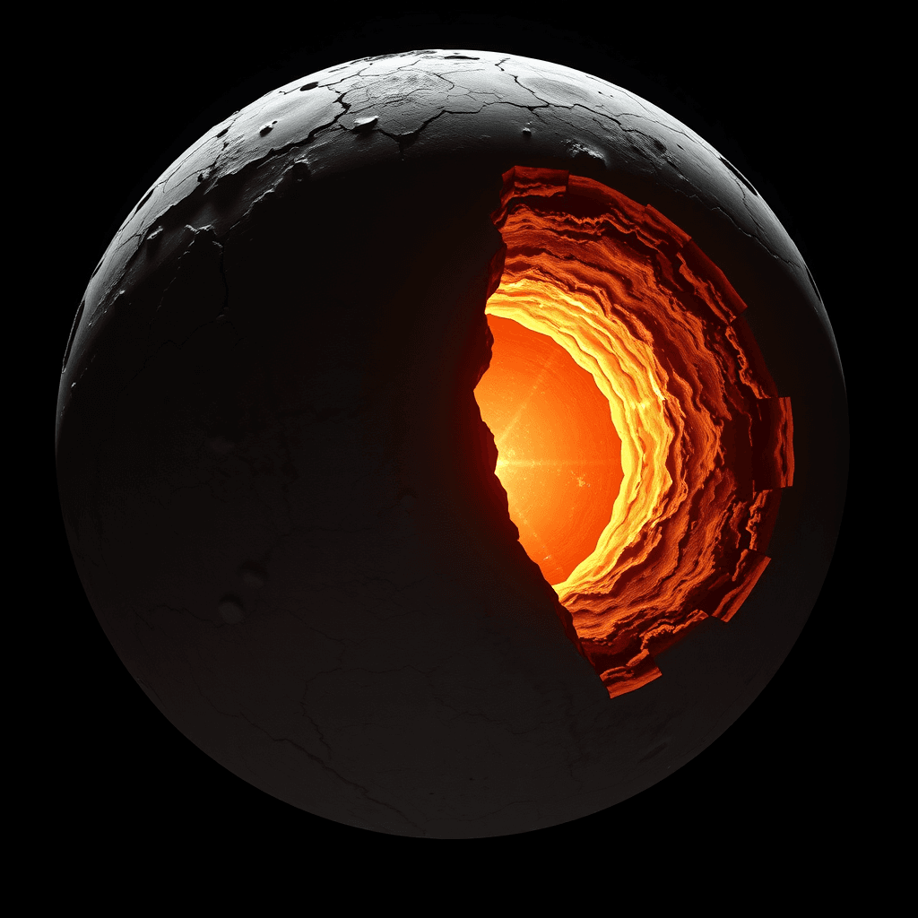 Cutaway of a differentiating protoplanet with iron sinking to the core.