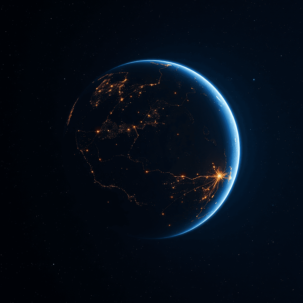 A living world glowing with golden city lights on its night side.