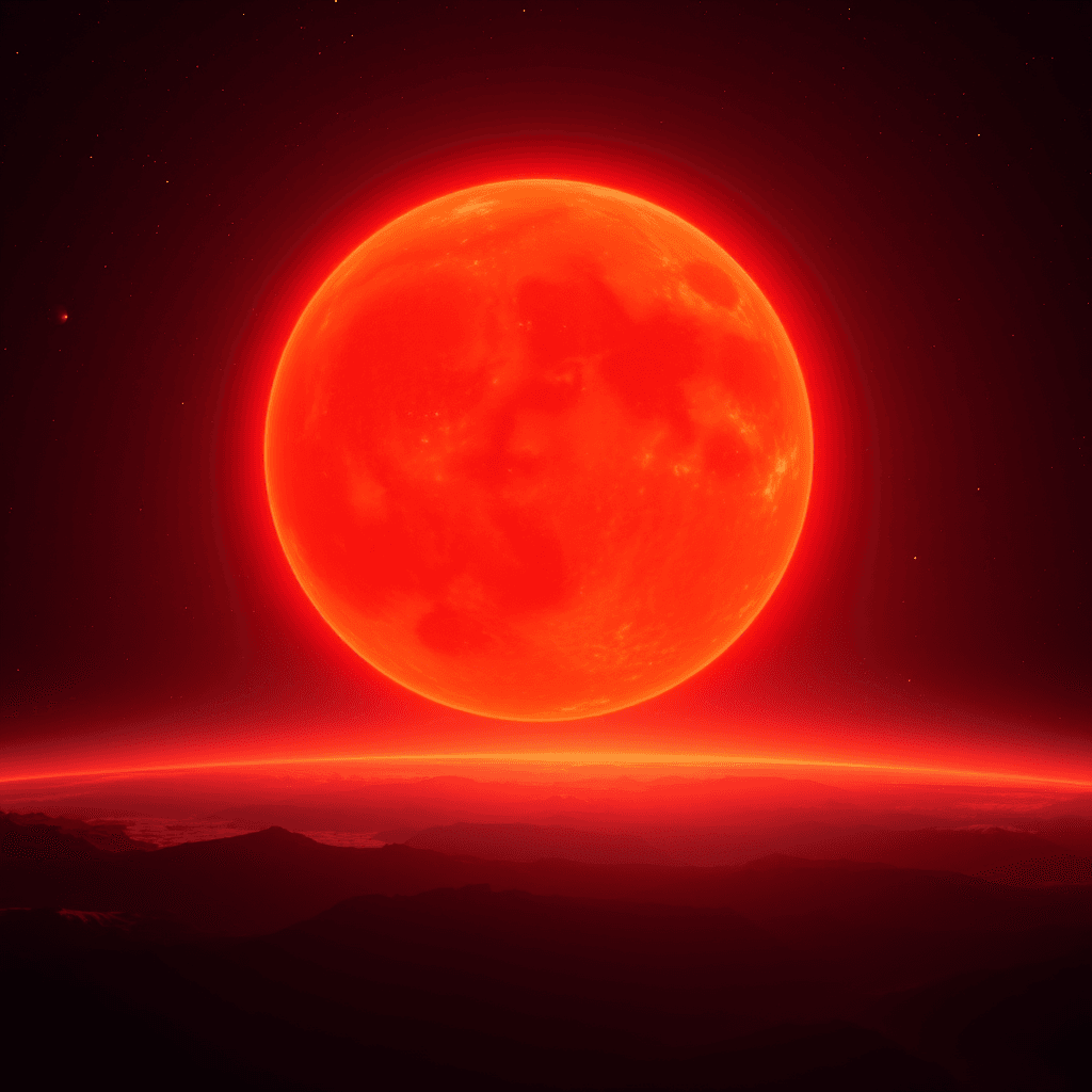 A red giant star looming over a distant silhouetted world in the far future.